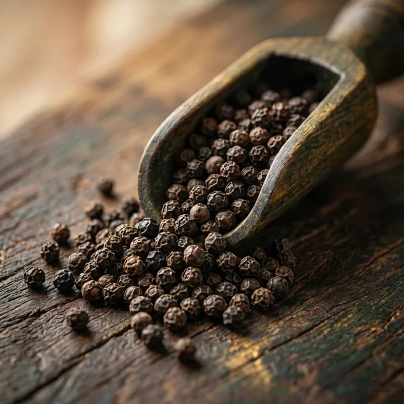 Black peppercorns in a wooden scoop