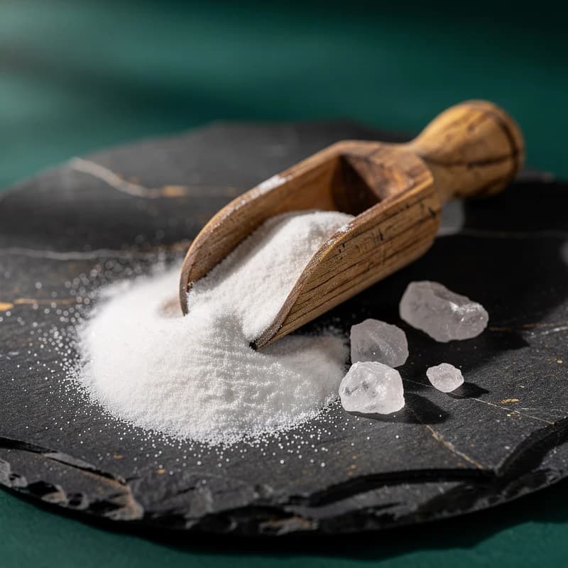 Fine white magnesium mineral powder in a wooden scoop