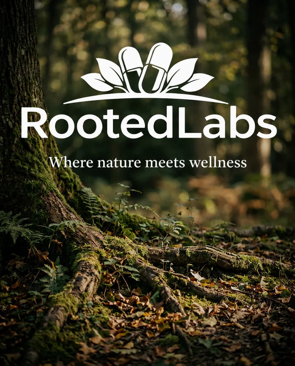 RootedLabs brand mark on a forest background
