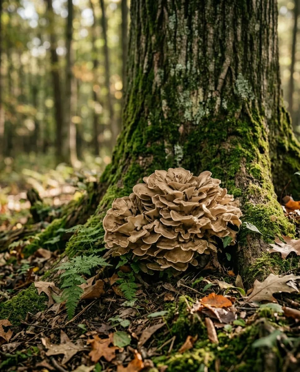 Fresh maitake mushroom at the base of a forest tree