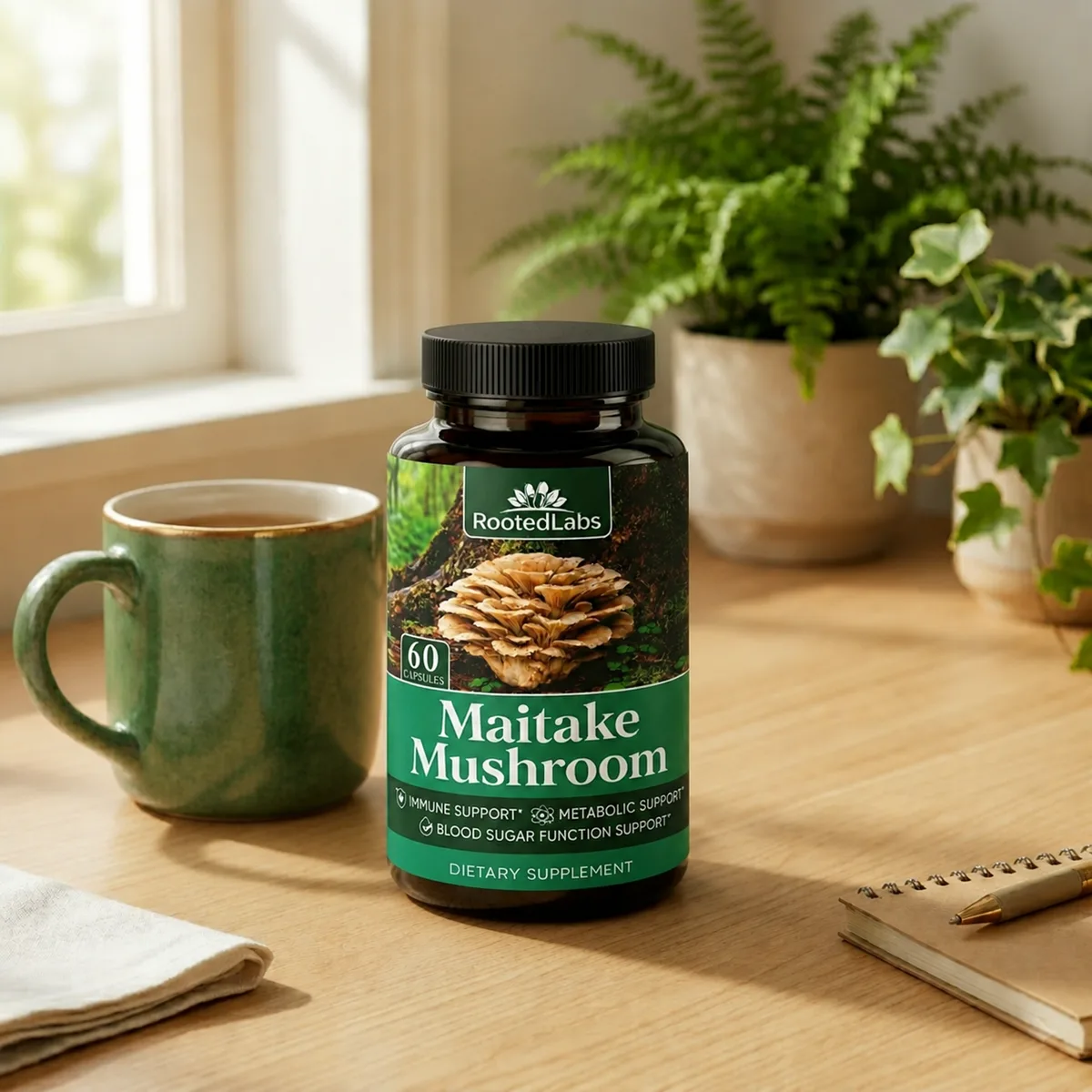 RootedLabs Maitake bottle on a sunlit kitchen counter