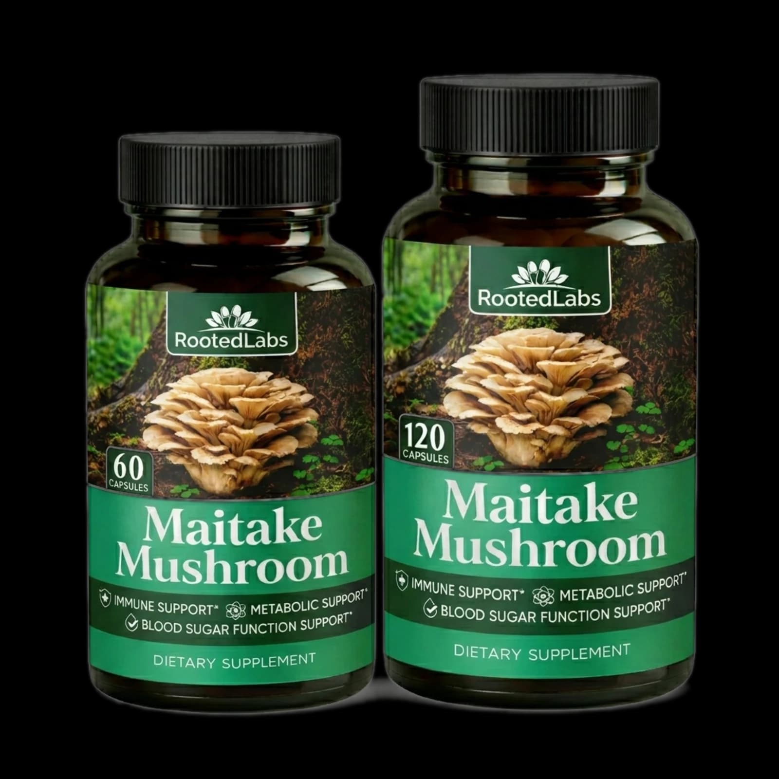RootedLabs Maitake Mushroom Capsules — available in 60 and 120 count bottles