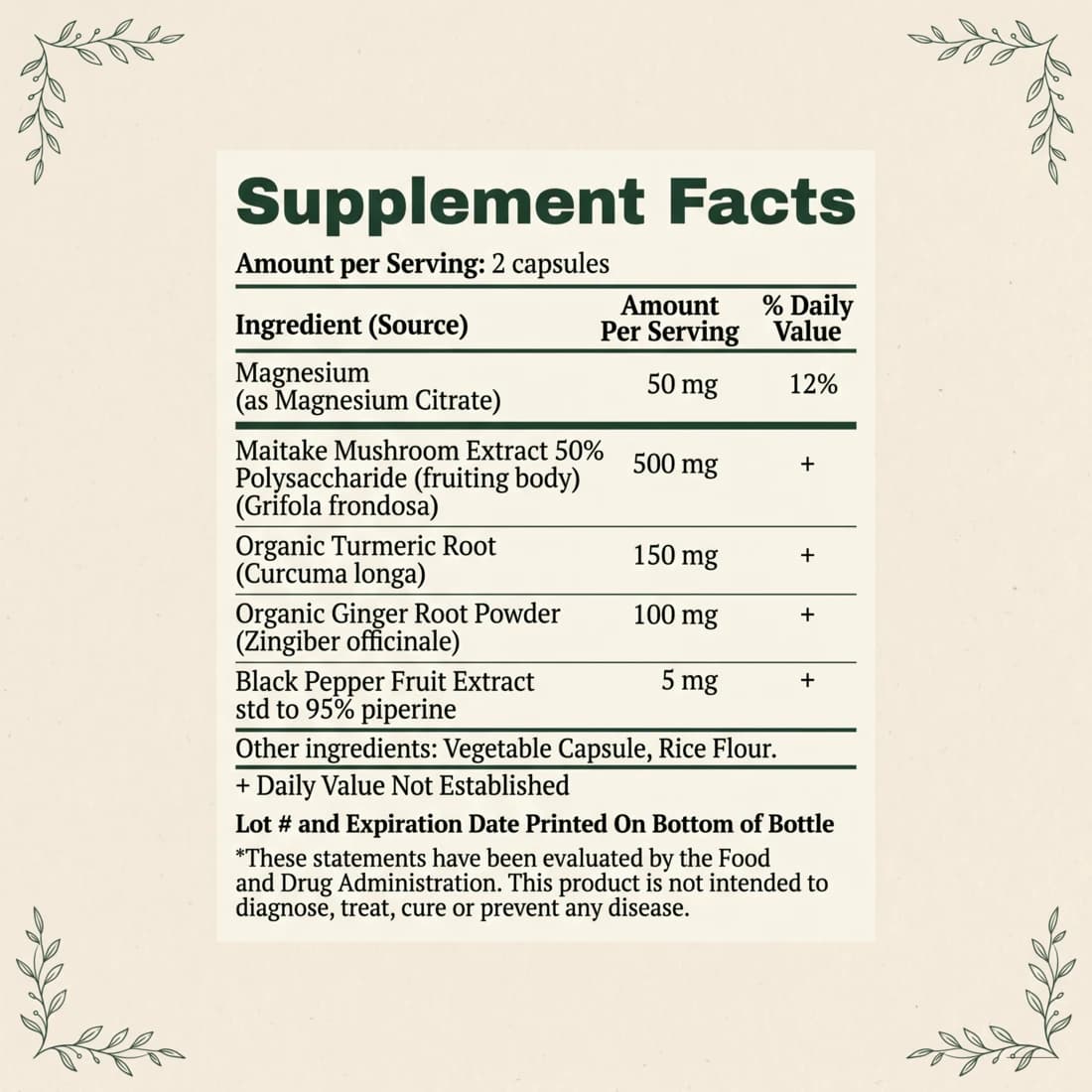 RootedLabs Maitake Mushroom Supplement Facts panel