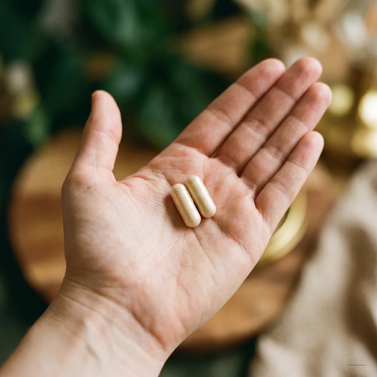 Two RootedLabs Maitake capsules in an open palm