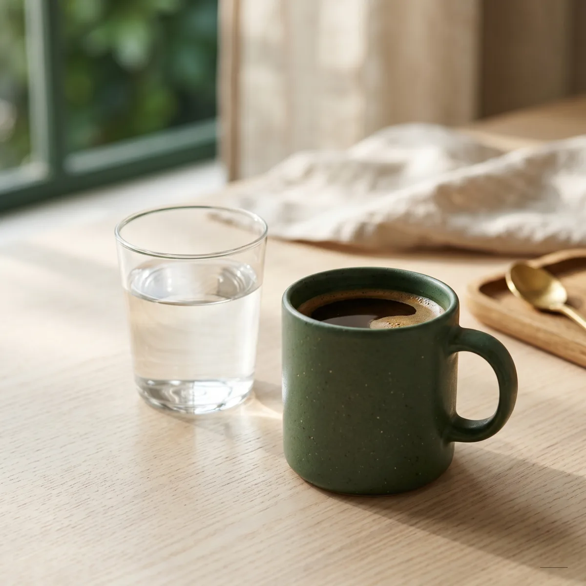 Morning ritual with the RootedLabs Maitake bottle, coffee, and water