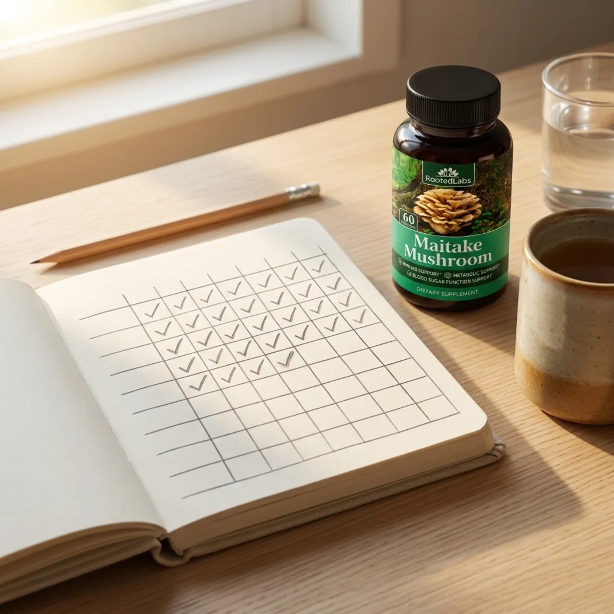 Hand reaching for the RootedLabs Maitake bottle