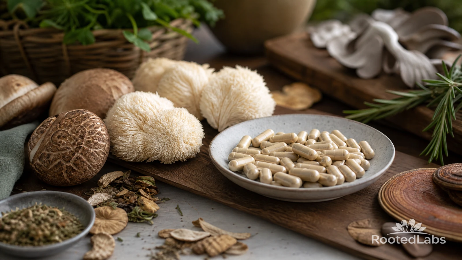 Bowl of cream mushroom capsules on a wooden board beside lion's mane and shiitake mushrooms, dried herbs and rosemary
