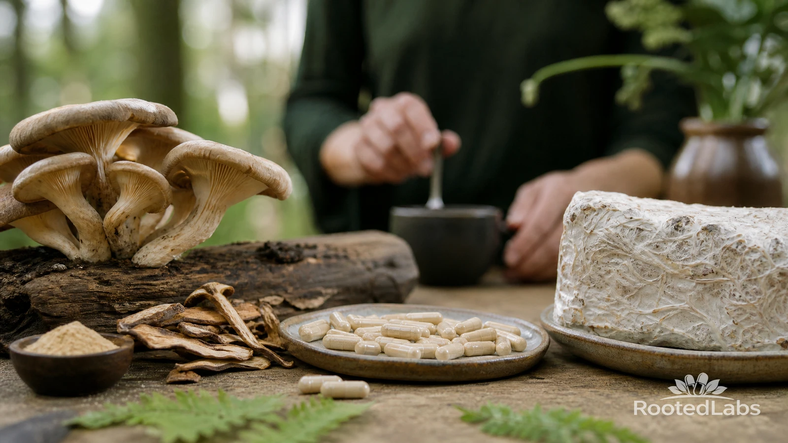 Maitake mushrooms on a log beside dried slices, powder, capsules on a plate and a mycelium block, person stirring tea