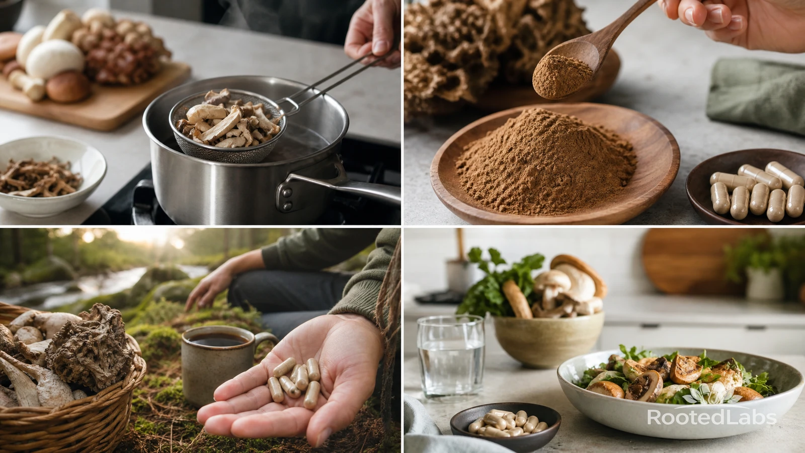 Four-panel collage: maitake simmering in a pot, mushroom powder in a wooden bowl, capsules held over a mug, mushroom salad