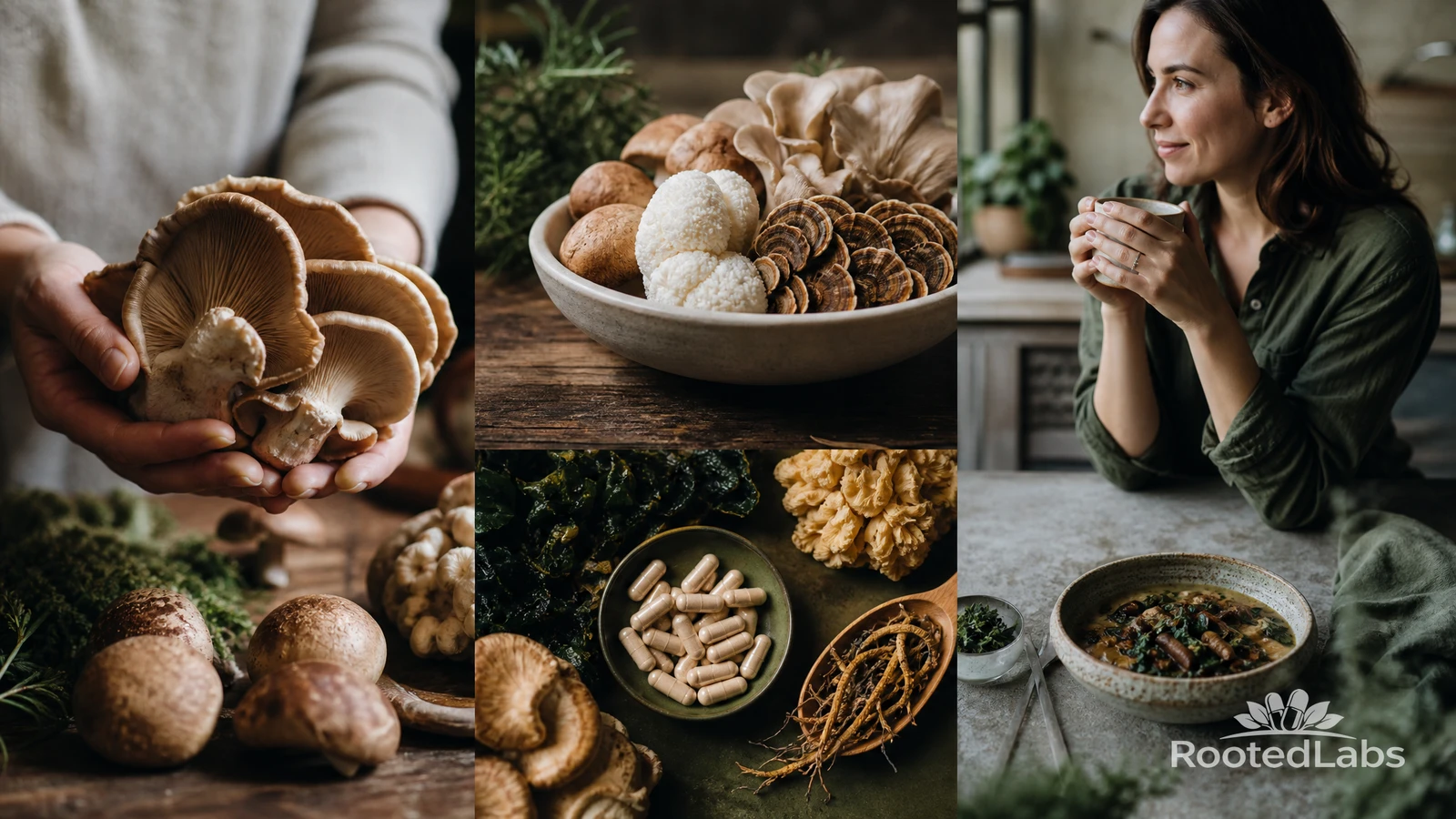 Collage of hands holding oyster mushrooms, a bowl of mixed mushrooms, capsules with dried roots, and a woman sipping tea by
